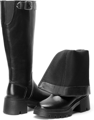 أحذية عالية للركبة بكعب عريض للنساء، أحذية ركوب الدراجات النارية اليومية، أحذية كاجوال مريحة in Kuwait