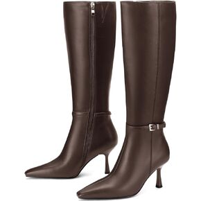 Knee High Boots Women, Faux Leather Pointed Toe Stiletto & Low Heel with Side Zipper, Sophisticated Tall Boots for Fall Winter Office, Dresses & Parties in Kuwait