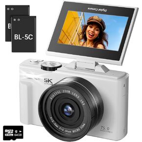 5K Digital Camera for Photography - 75MP Autofocus Vlogging Camera with 64GB SD Card, WiFi, 18X Zoom 3" 180° Flip Screen Compact Travel Camera with 2 Batteries for Teens and Beginner in Kuwait