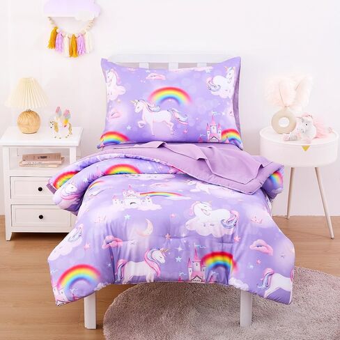Wake In Cloud - Toddler Bedding Set for Girls, Colorful Unicorn Castle Rainbow, 4 Pieces Soft Crib Bed Set Including Comforter, Sheets and Pillowcase, Pink in Kuwait