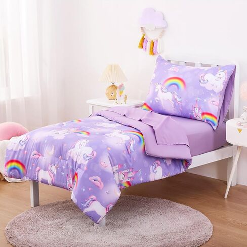 Wake In Cloud - Toddler Bedding Set for Girls, Colorful Unicorn Castle Rainbow, 4 Pieces Soft Crib Bed Set Including Comforter, Sheets and Pillowcase, Pink in Kuwait