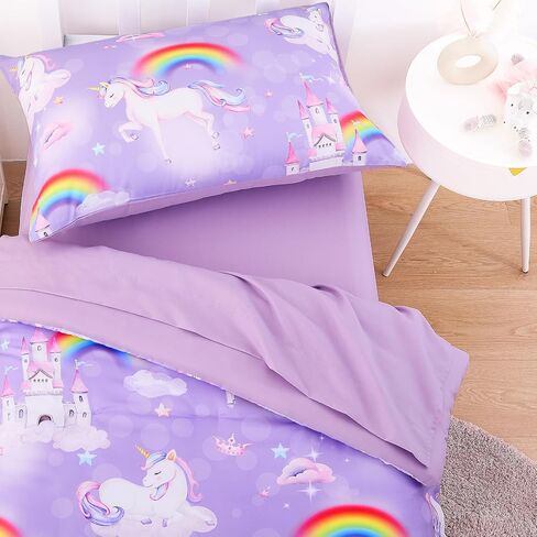 Wake In Cloud - Toddler Bedding Set for Girls, Colorful Unicorn Castle Rainbow, 4 Pieces Soft Crib Bed Set Including Comforter, Sheets and Pillowcase, Pink in Kuwait