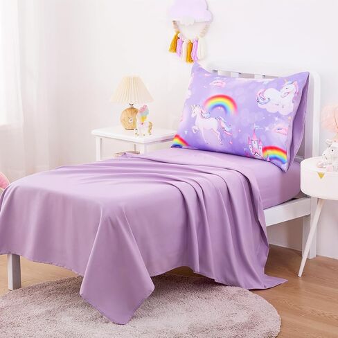Wake In Cloud - Toddler Bedding Set for Girls, Colorful Unicorn Castle Rainbow, 4 Pieces Soft Crib Bed Set Including Comforter, Sheets and Pillowcase, Pink in Kuwait