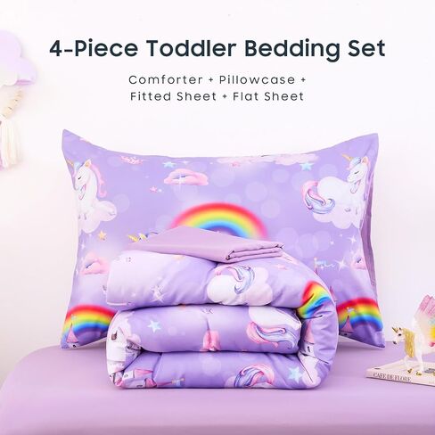 Wake In Cloud - Toddler Bedding Set for Girls, Colorful Unicorn Castle Rainbow, 4 Pieces Soft Crib Bed Set Including Comforter, Sheets and Pillowcase, Pink in Kuwait