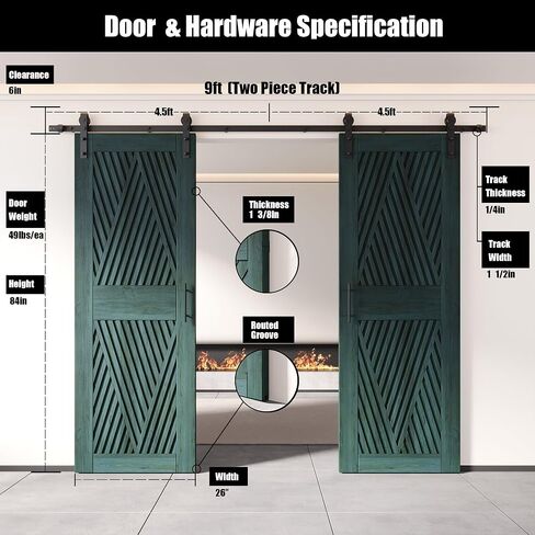 Homacer Royal Pine 36 in. x 84 in. Diamond Design Two Barn Door with Non-Bypass Installation Hardware Kit, 13ft Track, Interior use only in Saudi Arabia