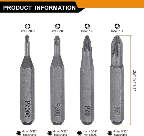 HARFINGTON 4pcs PZ000-PZ1 Pozi Screwdriver Bit Set 5/32" Hex Shank 28mm Magnetic Phillips Slotted Head Hex Bits S2 Steel Screw Driver Bit for Electric Manual Screwdrivers Precision Repair in Saudi Arabia
