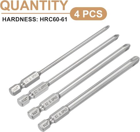 HARFINGTON 4 قطع #1/2/3 لقمة مفك براغي فيليبس PH1+PH2+PH3 1/4 بوصة ساق سداسية 4 بوصة (100 مم) طويل 0.12/0.16/0.2/0.24 بوصة رأس مثقاب مغناطيسي متقاطع S2 مفك براغي صناعي من الفولاذ للمثاقب in Kuwait