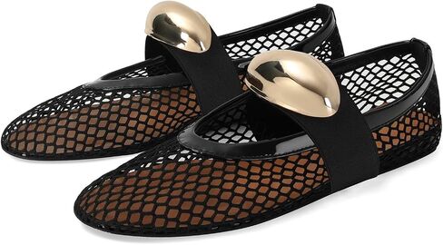 MICIFA Mesh Ballet Flats for Women Metal Decor Ballerina Mary Jane Flats Round Toe Buckle Casual Dress Ballet Flats Shoes BlackGold in Saudi Arabia