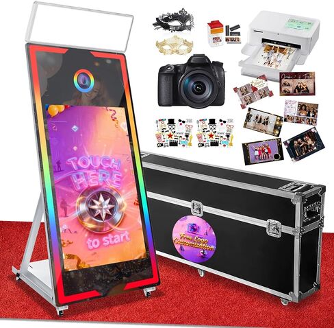 Magic Mirror Photo Booth,65'' Mirror Photo Booth with Camera and Printer, 32'' Interactive Touch Screen,Built-in Mini PC with Instant Print, Professional Photography for Partie(Black, 65-32in) in Kuwait