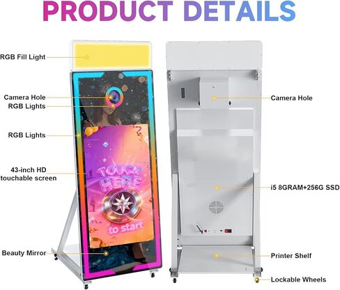 Magic Mirror Photo Booth,65'' Mirror Photo Booth with Camera and Printer, 32'' Interactive Touch Screen,Built-in Mini PC with Instant Print, Professional Photography for Partie(Black, 65-32in) in Kuwait