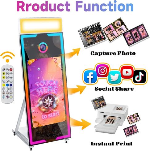Magic Mirror Photo Booth,65'' Mirror Photo Booth with Camera and Printer, 32'' Interactive Touch Screen,Built-in Mini PC with Instant Print, Professional Photography for Partie(Black, 65-32in) in Kuwait