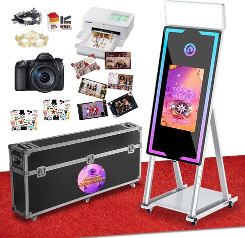Magic Mirror Photo Booth,65'' Mirror Photo Booth with Camera and Printer, 32'' Interactive Touch Screen,Built-in Mini PC with Instant Print, Professional Photography for Partie(Black, 65-32in) in Kuwait