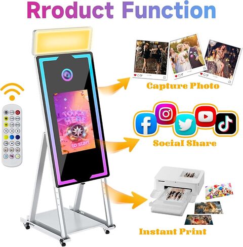 Magic Mirror Photo Booth,65'' Mirror Photo Booth with Camera and Printer, 32'' Interactive Touch Screen,Built-in Mini PC with Instant Print, Professional Photography for Partie(Black, 65-32in) in Kuwait