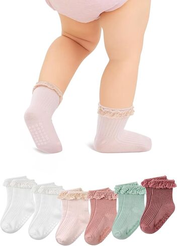 Zando Toddler Girls Non-Slip Ruffle Socks with Grippers Soft Cotton Seamless Ankle Socks for Baby Girls 0-5T in Saudi Arabia