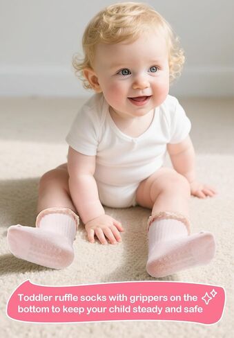 Zando Toddler Girls Non-Slip Ruffle Socks with Grippers Soft Cotton Seamless Ankle Socks for Baby Girls 0-5T in Saudi Arabia