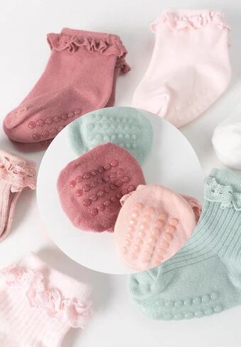 Zando Toddler Girls Non-Slip Ruffle Socks with Grippers Soft Cotton Seamless Ankle Socks for Baby Girls 0-5T in Saudi Arabia