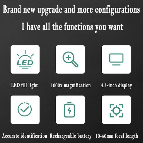 مجهر رقمي 50-1000X مع شاشة LCD 4.3 بوصة، وإضاءة LED وضبط التركيز 10-40 مم - مثالي لفحص نقش الماس وتحليل المجوهرات in Kuwait