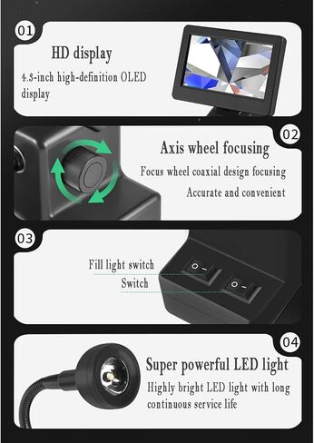 مجهر رقمي 50-1000X مع شاشة LCD 4.3 بوصة، وإضاءة LED وضبط التركيز 10-40 مم - مثالي لفحص نقش الماس وتحليل المجوهرات in Kuwait