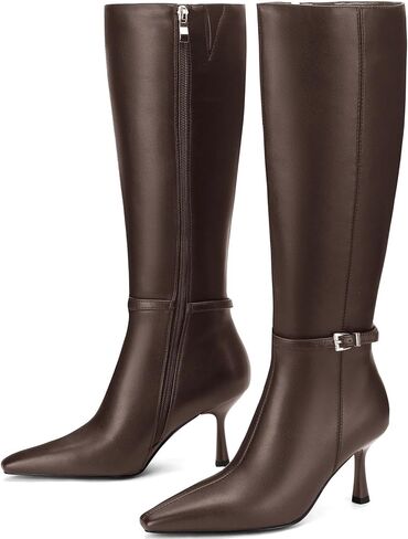 Knee High Boots Women, Faux Leather Pointed Toe Stiletto & Low Heel with Side Zipper, Sophisticated Tall Boots for Fall Winter Office, Dresses & Parties in Kuwait