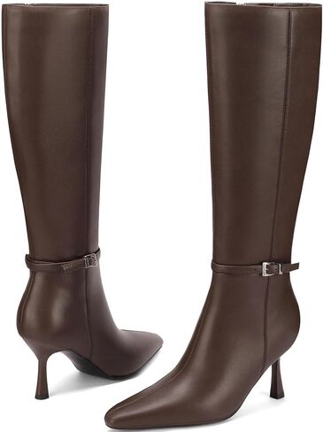 Knee High Boots Women, Faux Leather Pointed Toe Stiletto & Low Heel with Side Zipper, Sophisticated Tall Boots for Fall Winter Office, Dresses & Parties in Kuwait
