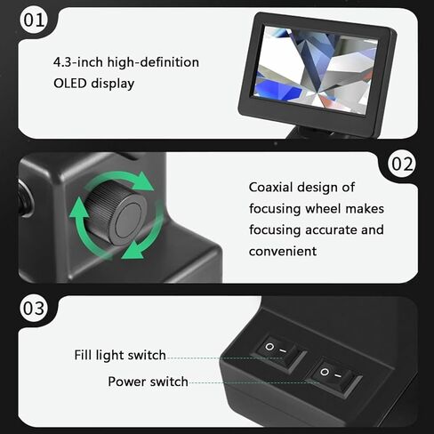 عارض حزام ماسي 50-1500X، مجهر رقمي LCD 4.3 بوصة، مع ضوء ملء LED، شاشة دوارة 360 درجة، لتكبير رمز الخصر الماسي in Kuwait