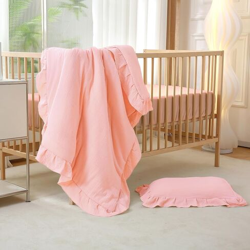 طقم سرير أطفال مكون من 3 قطع من قطن الموسلين للفتيات والأولاد، طقم لحاف سرير ناعم للغاية يسمح بالتهوية مع لحاف سرير بديل مكشكش لطيف، ملاءة جاهزة، كيس وسادة، مناسب لجميع المواسم (بيج) in Kuwait