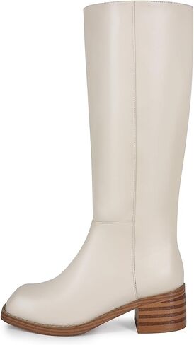 Women's Knee High Square Toe Boots Chunky Block Heel Wide Calf Tall Boot Casual Comfortable Low Heel Pull on Long Boots in Saudi Arabia