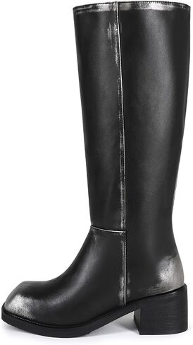 Women's Knee High Square Toe Boots Chunky Block Heel Wide Calf Tall Boot Casual Comfortable Low Heel Pull on Long Boots in Saudi Arabia