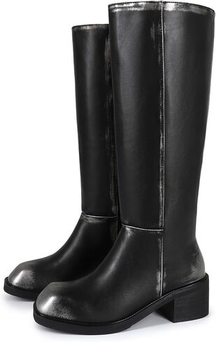 Women's Knee High Square Toe Boots Chunky Block Heel Wide Calf Tall Boot Casual Comfortable Low Heel Pull on Long Boots in Saudi Arabia