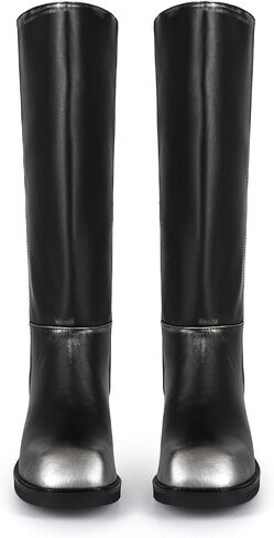 Women's Knee High Square Toe Boots Chunky Block Heel Wide Calf Tall Boot Casual Comfortable Low Heel Pull on Long Boots in Saudi Arabia