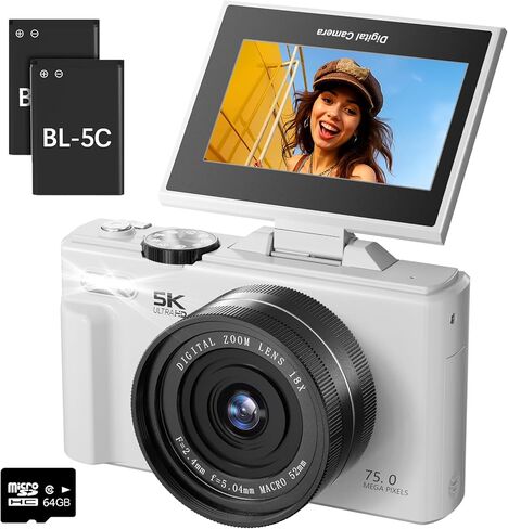 5K Digital Camera for Photography - 75MP Autofocus Vlogging Camera with 64GB SD Card, WiFi, 18X Zoom 3" 180° Flip Screen Compact Travel Camera with 2 Batteries for Teens and Beginner in Kuwait