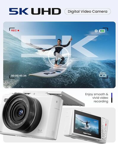 5K Digital Camera for Photography - 75MP Autofocus Vlogging Camera with 64GB SD Card, WiFi, 18X Zoom 3" 180° Flip Screen Compact Travel Camera with 2 Batteries for Teens and Beginner in Kuwait