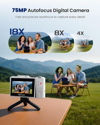 5K Digital Camera for Photography - 75MP Autofocus Vlogging Camera with 64GB SD Card, WiFi, 18X Zoom 3" 180° Flip Screen Compact Travel Camera with 2 Batteries for Teens and Beginner in Kuwait