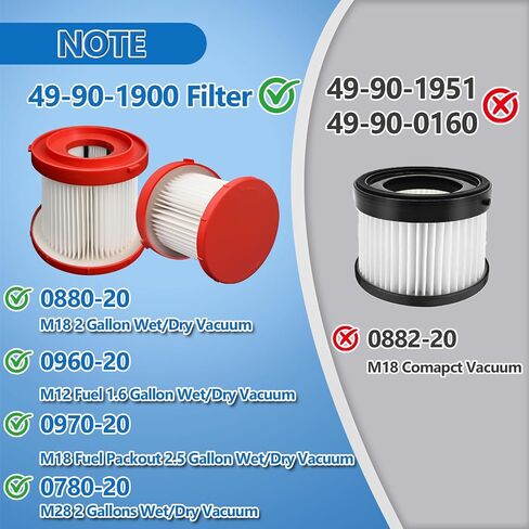 2 حزمة 49-90-1900 استبدال مرشح HEPA فراغ الرطب الجاف متوافق مع ميلووكي فراغ اللاسلكي M18 فلتر الوقود 0780-20 0880-20، مع 4 مرشحات الأكمام رغوة وفرشاة واحدة in Kuwait