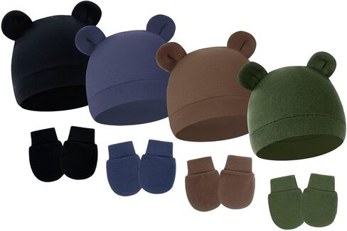 4 Pack Newborn Hats Mittens Set Bear Ears Preemie Hat Infant Hospital Mitten for Baby Boy Girl 0-6 Months in Saudi Arabia