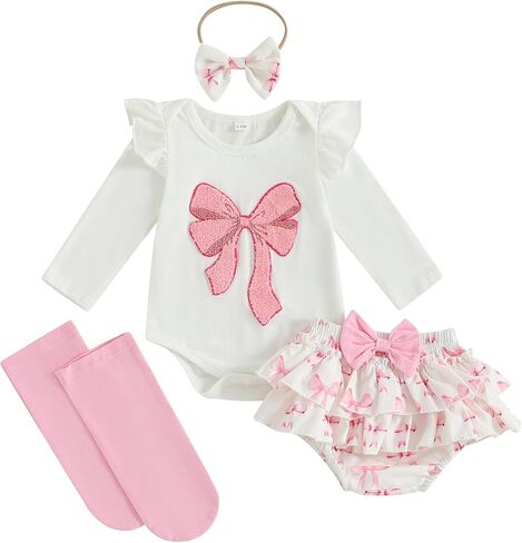 Newborn Baby Girl Clothes Bow Embroidered Long Sleeve Romper Bodysuit Ruffled Shorts Set Cute Fall Winter Outfits in Kuwait