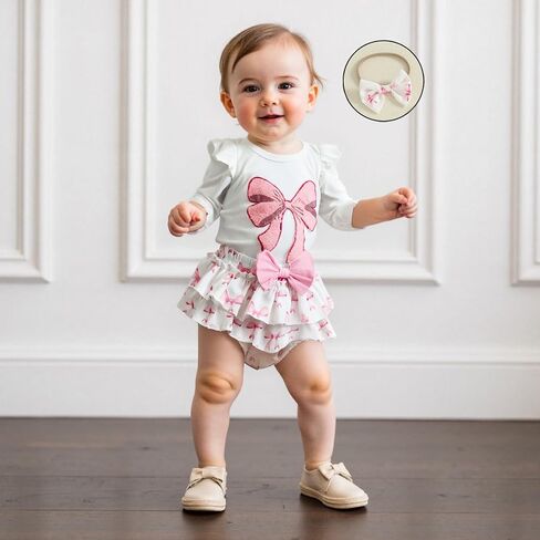 Newborn Baby Girl Clothes Bow Embroidered Long Sleeve Romper Bodysuit Ruffled Shorts Set Cute Fall Winter Outfits in Kuwait