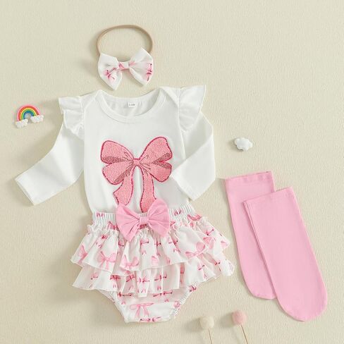 Newborn Baby Girl Clothes Bow Embroidered Long Sleeve Romper Bodysuit Ruffled Shorts Set Cute Fall Winter Outfits in Kuwait