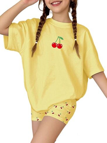 Floerns Girl's 2 قطعة كرز طباعة فضفاضة tirtts y2k tees قصيرة الأكمام مع مجموعات بانت قصيرة in Saudi Arabia