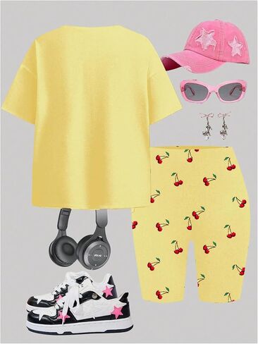 Floerns Girl's 2 قطعة كرز طباعة فضفاضة tirtts y2k tees قصيرة الأكمام مع مجموعات بانت قصيرة in Saudi Arabia