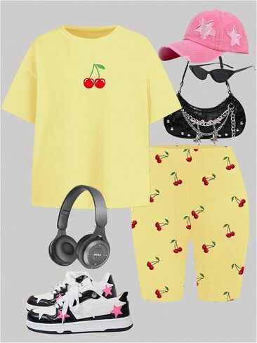 Floerns Girl's 2 قطعة كرز طباعة فضفاضة tirtts y2k tees قصيرة الأكمام مع مجموعات بانت قصيرة in Saudi Arabia