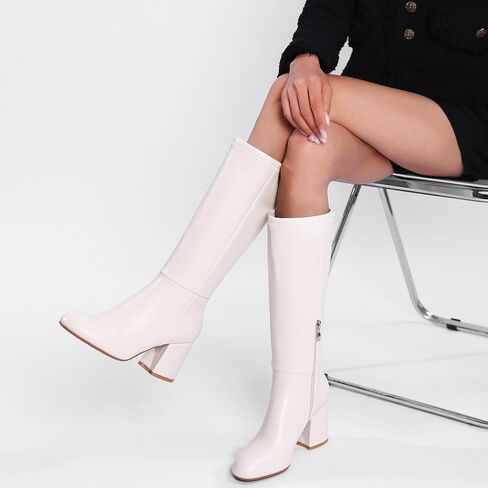 Knee High Boots Women Chunky Block Heel Fall Boots for Women Comfortable Almond Toe Side Zipper Heeled Boots in Saudi Arabia