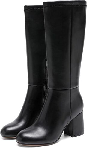 Knee High Boots Women Chunky Block Heel Fall Boots for Women Comfortable Almond Toe Side Zipper Heeled Boots in Kuwait
