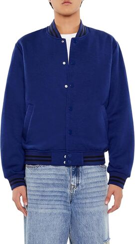 Forever 21 Men's Varsity-Striped Bomber Jacket, Cream in Saudi Arabia