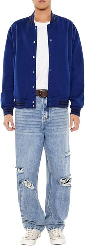 Forever 21 Men's Varsity-Striped Bomber Jacket, Cream in Saudi Arabia