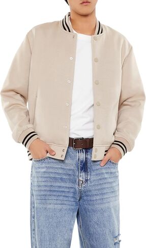 Forever 21 Men's Varsity-Striped Bomber Jacket, Cream in Saudi Arabia