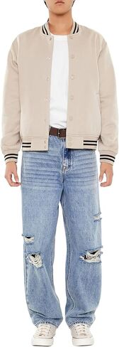 Forever 21 Men's Varsity-Striped Bomber Jacket, Cream in Saudi Arabia