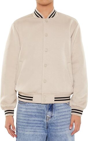 Forever 21 Men's Varsity-Striped Bomber Jacket, Cream in Saudi Arabia