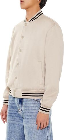 Forever 21 Men's Varsity-Striped Bomber Jacket, Cream in Saudi Arabia