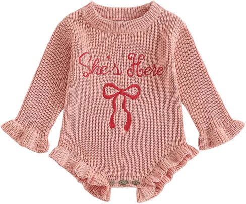 Baby Girl Sweater Romper She's Here Chunky Knit Jumper Ruffle Bodysuit Cute Newborn Fall Winter Clothes Announcement in Saudi Arabia